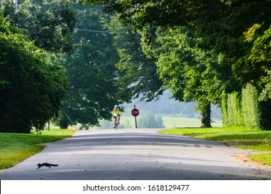 Cornwall, Connecticut USA July 10, 2019 A Lone Bicyclist And Squirrel  On Main Street Wearing A Reflex Vest With A Lamp On The Bike