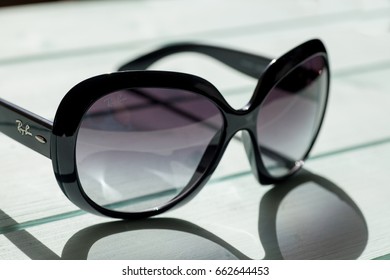 CORNWALL, UK - 14 JUNE, 2017 - Ray Ban Sunglasses. Italian Fashion Designer Glasses For Sun Protection. Close Up Detail. Editorial Use Only.