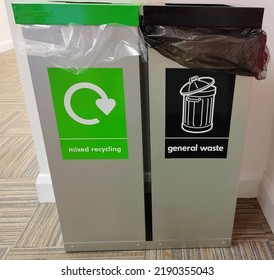 Cornwall, UK - August 2022: Mixed Recycling And General Waste Bins On Campus At The University Of Exeter