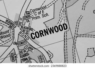 Cornwood, Devon, England, United Kingdom atlas map town name in black and white - Shutterstock ID 2369880823