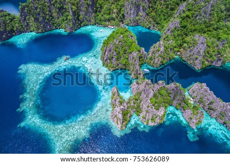 Coron, Palawan, Philippines, aerial view of beautiful lagoons and limestone cliffs.