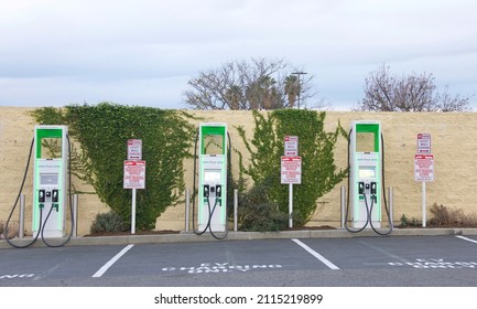 Corona, CA - Jan 30, 2022: Electrify America EV Charging Stations. An Electric Vehicle DC Fast Charging Station Network In The US, With More Than 500 Charging Locations As Of November 2020.