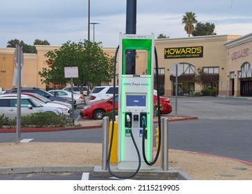 Corona, CA - Jan 30, 2022: Electrify America EV Charging Stations. An Electric Vehicle DC Fast Charging Station Network In The US, With More Than 500 Charging Locations As Of November 2020.