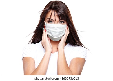 Corona Virus Concept. Happy Young Healthy Woman Puts On Protective Mask Isolated On White Background