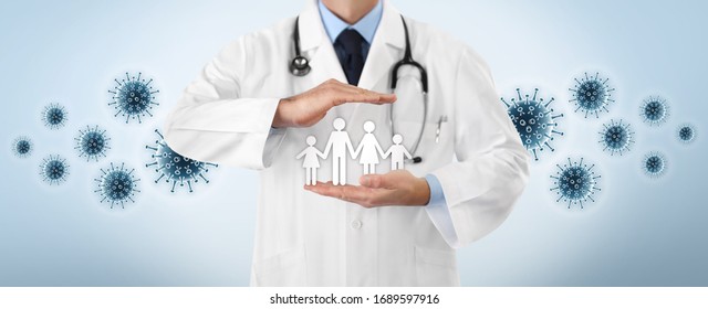 corona virus covid 19 protection concept, doctor hands protect family symbol with covid icons in the blue background, copy space and web banner template 