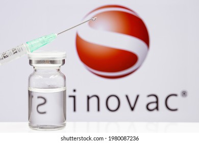 Corona Virus (Covid-19) Vaccine Syringe With Dose Of Vaccine Bottle Against Chinese Medical Company Sinovac Biotech Business Logo For Covid Editorial News Article.26 May 2021, Bangkok, THAILAND.