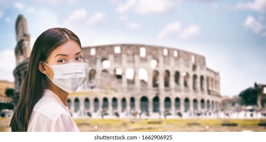 Corona Virus Italy Travel Tourist Chinese Woman Wearing Surgical Mask Protection For Coronavirus Visiting Colosseum Landmark In Roma, Italy. Travel Ban Quarantine Italian Destinations Banner Panorama.