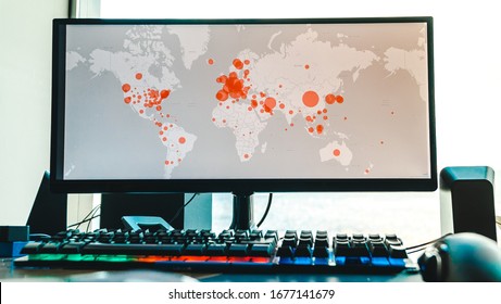 Corona Virus Map. World Map Of Corona Virus COVID-19, Chinese Virus Infection With Red Pointer. On Computer