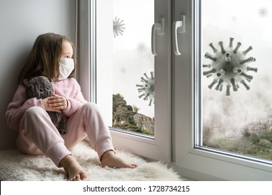 Corona Virus, Monkeypox And Quarantine Concept, Sad Kid In Mask Looks Out Window, Little Girl Sits On Windowsill Safe From COVID-19 Or Smallpox. Theme Of Child At Home, COVID19 And Melancholy.