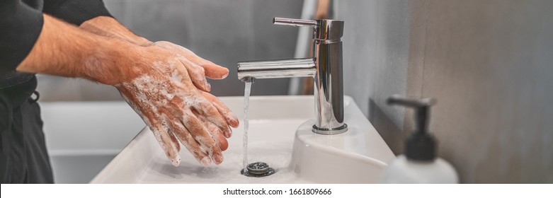 Corona virus travel prevention wash hands with soap and hot water. Hand hygiene for coronavirus outbreak. Protection by washing hands frequently concept panoramic banner header.