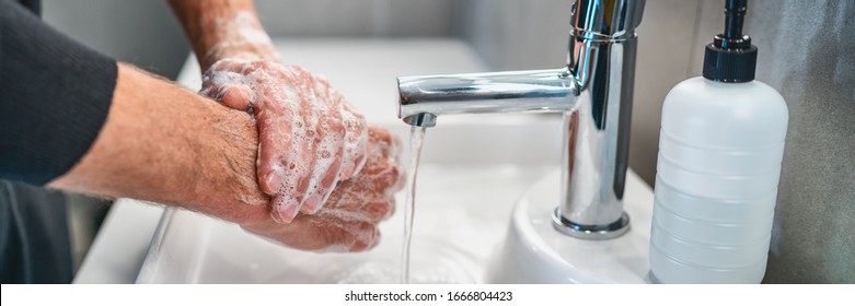 Corona virus travel prevention wash hands with soap and hot water. Hand hygiene for coronavirus outbreak. Protection by washing hands frequently concept panoramic banner header. - Shutterstock ID 1666804423