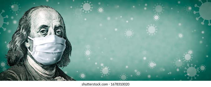  Corona virus In USA - Portrait Of Benjamin Franklin With Face Mask On Covid-19 Virus Background - Coronavirus Affects USA And Global Stock Market Concept