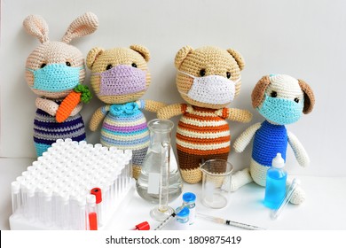 Corona Virus Vaccine, Covid - 9 Vaccine, Cute Crochet Bears, Dog/puppy, Bunny/rabbit Wearing Protective Face Masks, Stay Home, Stay Safe, Quarantine, Test, Hospital, Toy Kids, Children, Doctor, Nurse