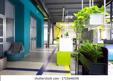 Coronacrisis, Unemployment. Modern Office For Workers With Open Space And Live Plants, Natural Interior