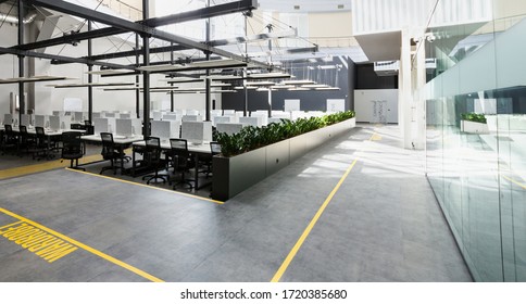 Coronacrisis, Unemployment. Office Interior With Open Space And Yellow Restrictive Zones