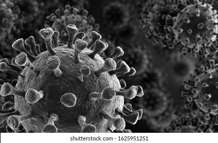 Coronavirus 2019-nCov novel coronavirus concept resposible for SARS-CoV-2 outbreak and coronaviruses influenza as dangerous flu strain cases as a pandemic. Microscope virus close up. 3d rendering.
 - Shutterstock ID 1625951251