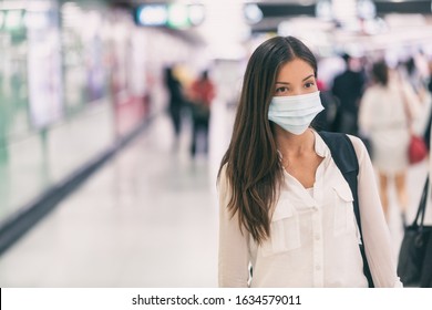 Coronavirus Asian Woman Walking With Surgical Mask Face Protection Walking In Crowds At Airport Train Station Work Commute To Hospital.