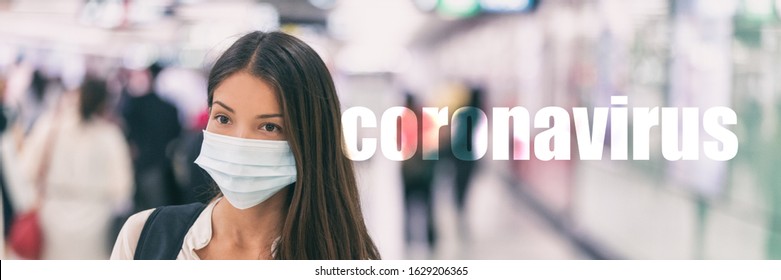 Coronavirus Asian Woman Wearing Flu Virus Mask Prevention With Text On Banner.