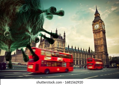 Coronavirus Attacking London, The UK. Red Bus In Motion And Big Ben.