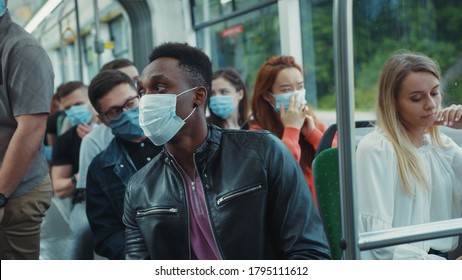 Coronavirus. Blonde Woman Sneezes Allergy Inside Public Tram. Scared People Passengers Immediately Wearing Face Masks For Virus Prevention. Pandemic. Fun Scene.