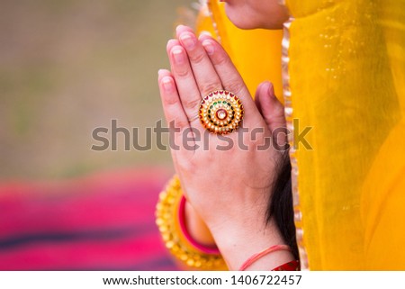 Coronavirus, close up Indian woman hand  doing  Namaste, outbreak of COVID-19. New greeting to avoid the spread of new strain of coronavirus instead of greeting with a hug or handshake.  