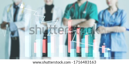 Coronavirus concept, Graph chart of Corona virus case with team of medical doctor surgeon and nurse on white background, Total graph is decrease case