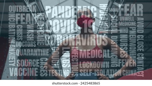 Coronavirus concept texts against african american woman woman wearing face mask standing in the gym. coronavirus covid-19 pandemic and fitness concept - Powered by Shutterstock