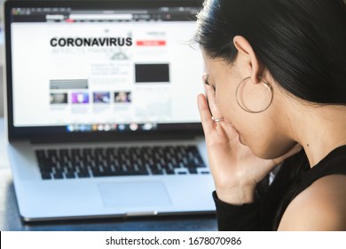 Coronavirus Concept:  A Woman Reading News/updates About Coronavirus And Getting Anxiety/depression.