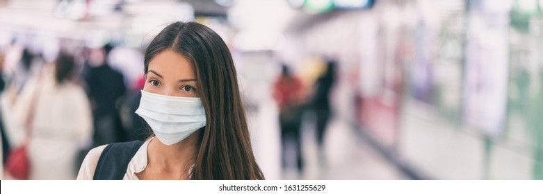 Coronavirus Corona Virus Asian Woman Wearing Flu Mask Walking On Work Commute In Public Space Transport Train Station Or Airport Panoramic Banner.