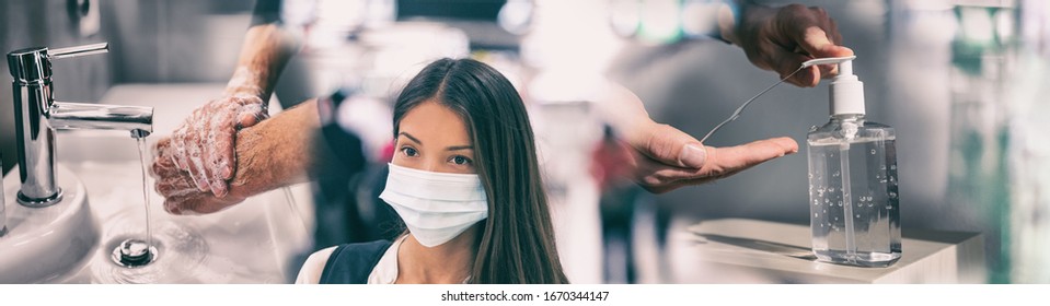 Coronavirus corona virus prevention for COVID-19 banner. Hand sanitizer alcohol gel rub vs washing hands hygiene in hospital or Asian woman wearing face mask preventive epidemic spreading header.