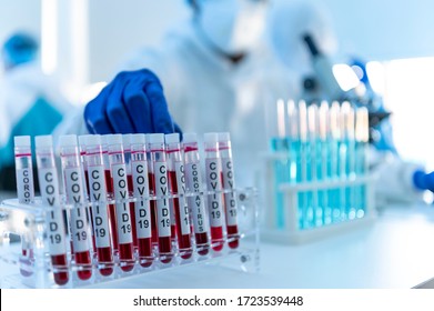 Coronavirus Covid 19 Laboratory Expert Tests Coronavirus Covid 19 Vacinne With Blood Sample Tubes Labelled Coronavirus Covid 19 In Laboratory With Protective Mask, Suit And Gloves