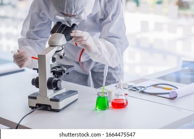 Coronavirus Covid 19, Medical Looking Through A Microscope For Corona Virus In Laboratory For Prevention Of Pandemic, Biological Protective Epidemic Virus Outbreak Concept.