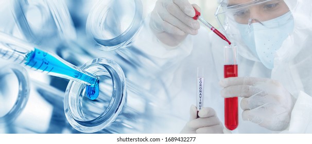 Coronavirus Covid 19 Research Background Of Aniviral Research Scientist With Sample Tube Of Coronavirus Covid 19 On Hand Doing Experiment On Anti Flu Drug For Coronavirus Covid 19 Treatment