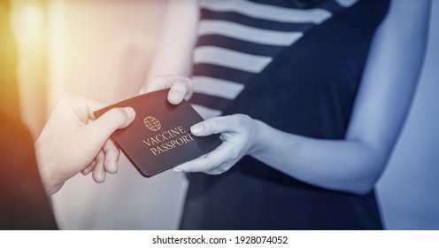 Coronavirus Covid 19 Vaccine Passport In Hand Of Traveller Showing To Hotel Airline Or Immigration Officer Before Checkin Using Service. Concept Of Using Vaccine Passport For International Traveller