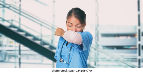 Coronavirus covid infection prevention by sneezing into elbow arm hospital nurse or Asian doctor woman worker covering mouth and nose while coughing flu. Virus protection panoramic banner.