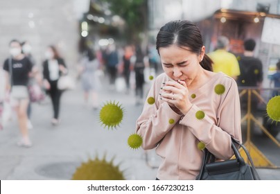 Coronavirus Covid-19 Concept, Unhealthy Asian Woman Sneezing And Cough Without Protective Face Mask, Ill, Sick, From Virus And Air Pollution PM2.5