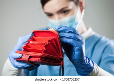Coronavirus COVID-19 corona virus disease global pandemic crisis causing world financial recession crash,female caucasian doctor examining an empty red wallet with stethoscope,economy recovery concept