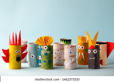 Coronavirus COVID-19 disease 2020 paper toy ghost, bat, monsters for Halloween party. Easy crafts for kids on blue background, copy space, die creative idea from toilet tube, recycle concept - Shutterstock ID 1462373333
