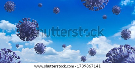 Coronavirus, COVID-19 flying in white clouds background with lettering word or copy space. Motion or falling from blue sky of Corona virus, flu virus, covid 19 under infect, Medical, pandemic concept