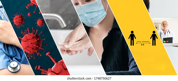 Coronavirus COVID-19 image set banner in concept of prevention information including safety precaution and doctor service to prevent spreading infection of covid-19 or 2019 Coronavirus Disease. - Shutterstock ID 1748750627