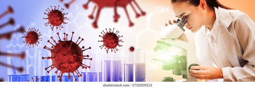 Coronavirus COVID-19 Medical Test Vaccine Research And Development Concept. Scientist In Laboratory Study And Analyze Scientific Sample Of Coronavirus Antibody To Produce Drug Treatment For COVID-19.