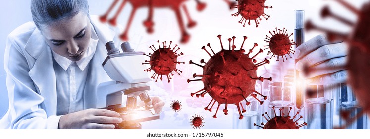 Coronavirus COVID-19 Medical Test Vaccine Research And Development Concept. Scientist In Laboratory Study And Analyze Scientific Sample Of Coronavirus Antibody To Produce Drug Treatment For COVID-19.