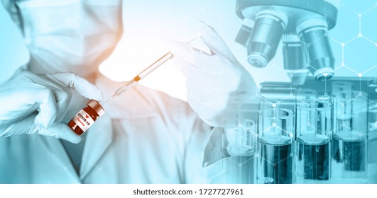 Coronavirus COVID-19 Medical Test Vaccine Research And Development Concept. Scientist In Laboratory Study And Analyze Scientific Sample Of Coronavirus Antibody To Produce Drug Treatment For COVID-19.