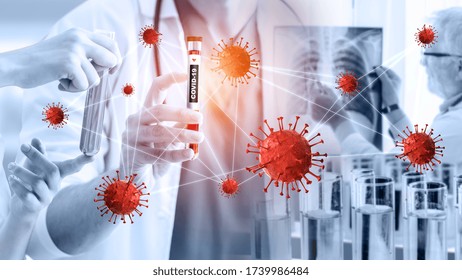 Coronavirus COVID-19 Medical Test Vaccine Research And Development Concept. Scientist In Laboratory Study And Analyze Scientific Sample Of Coronavirus Antibody To Produce Drug Treatment For COVID-19.