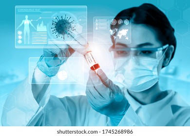 Coronavirus COVID-19 Medical Test Vaccine Research And Development Concept. Scientist In Laboratory Study And Analyze Scientific Sample Of Coronavirus Antibody To Produce Drug Treatment For COVID-19.