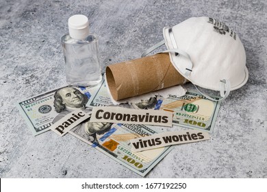 Coronavirus, Covid-19 News Headlines, N95 Respirator Mask, Hand Sanitizer Bottle, Money, And Empty Toilet Paper Roll. Concept Of Supply, Demand, And Equipment Shortage Due To Worldwide Pandemic