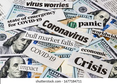 Coronavirus, Covid-19 news headlines on United States of America 100 dollar bills. Concept of financial impact, stock market decline and crash due to worldwide pandemic