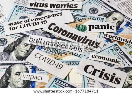 Coronavirus, Covid-19 news headlines on United States of America 100 dollar bills. Concept of financial impact, stock market decline and crash due to worldwide pandemic
