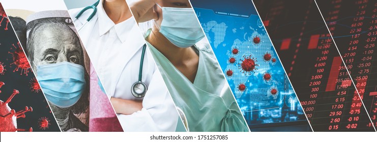 Coronavirus COVID-19 news story summary photo set in concept of covid-19 effects to people life behavior, economy, social and medical service caused by outbreak of 2019 coronavirus disease.