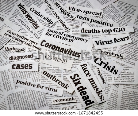 Coronavirus, covid-19 newspaper headline clippings. Print media information isolated